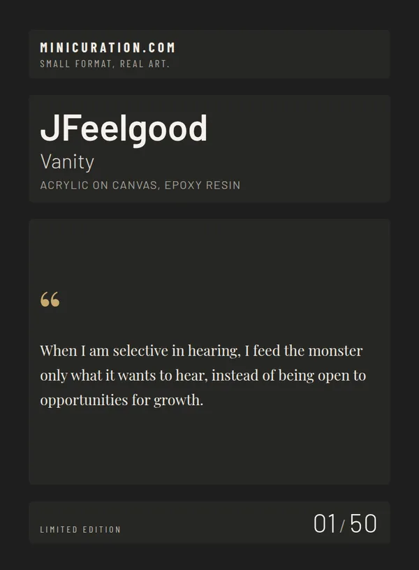 Vanity — card back with the artist statement and edition number