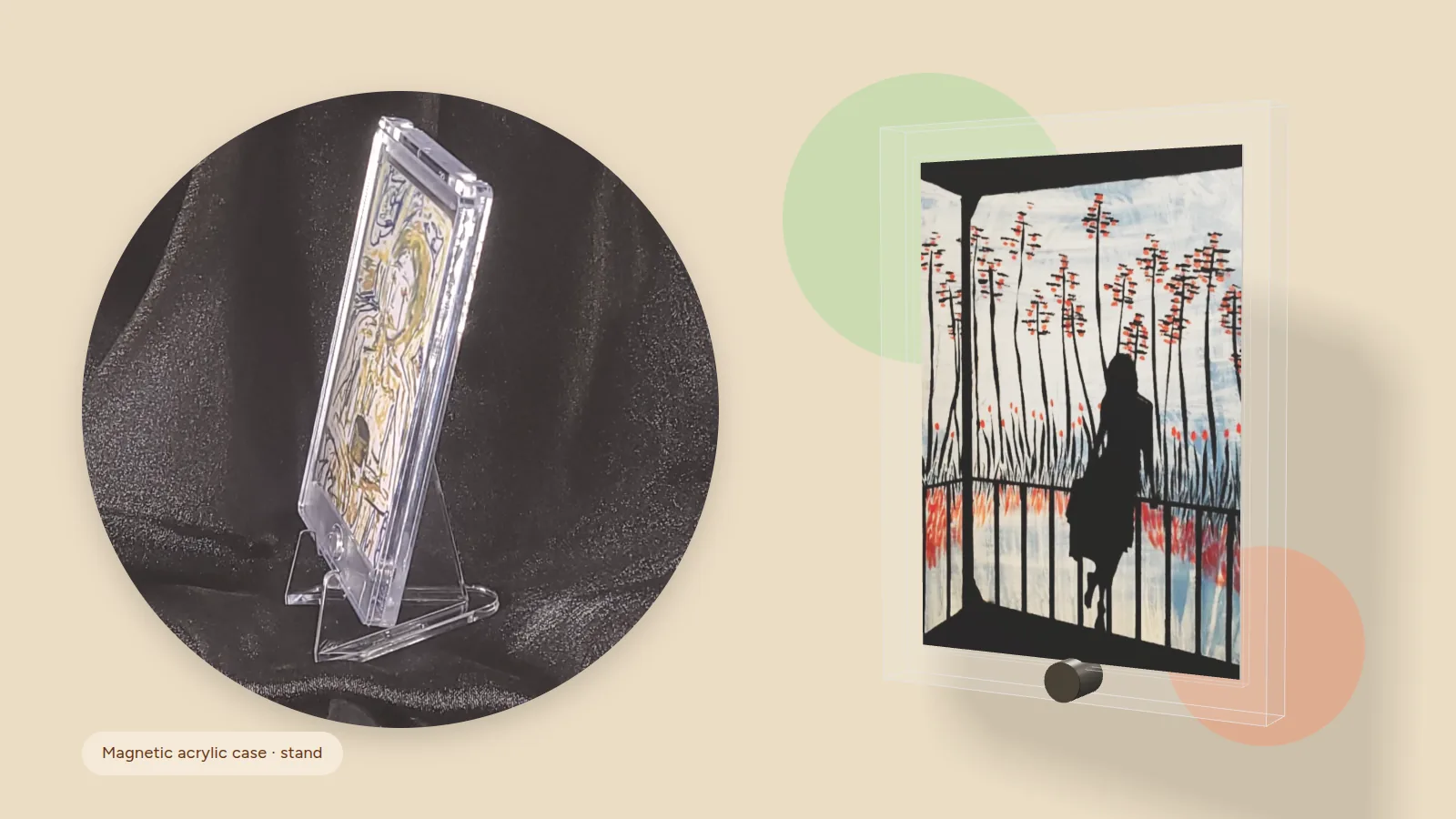A Simple Meditation in a magnetic acrylic case on a stand, beside a rendered Sweet Dreams card in its case