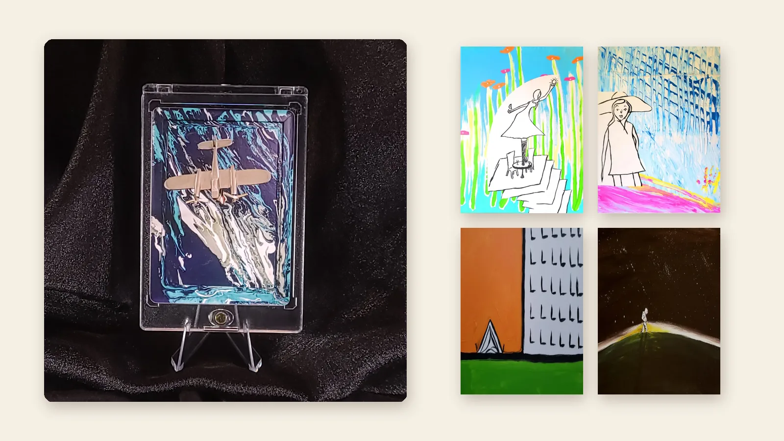 Sky Miles in its magnetic acrylic case on a clear display stand, beside the cards Pride, Vicarious, Affordable Housing and Poetry of Solace