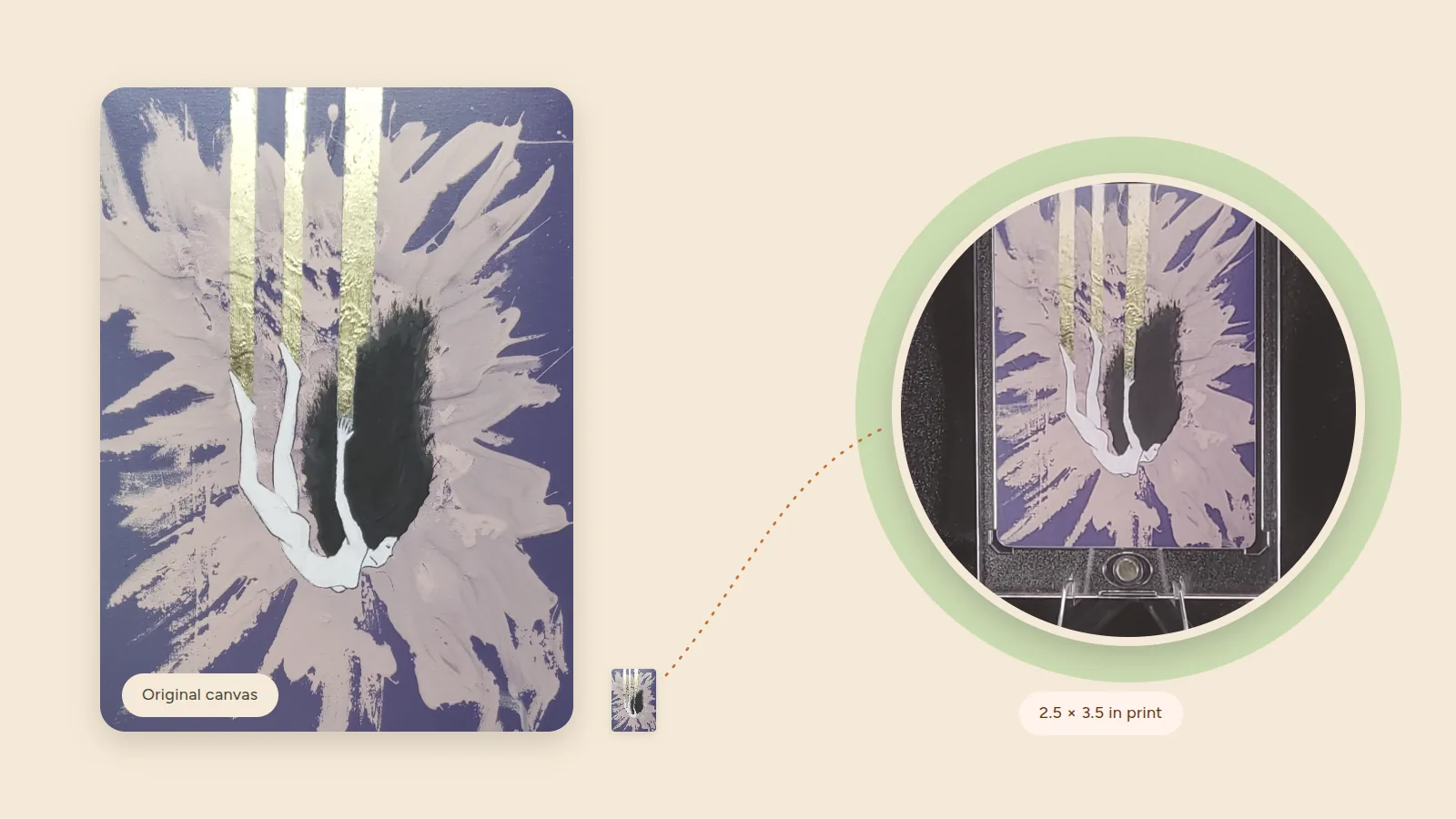 The original Dreamfall canvas next to a card-sized print, with a close-up of the cased print