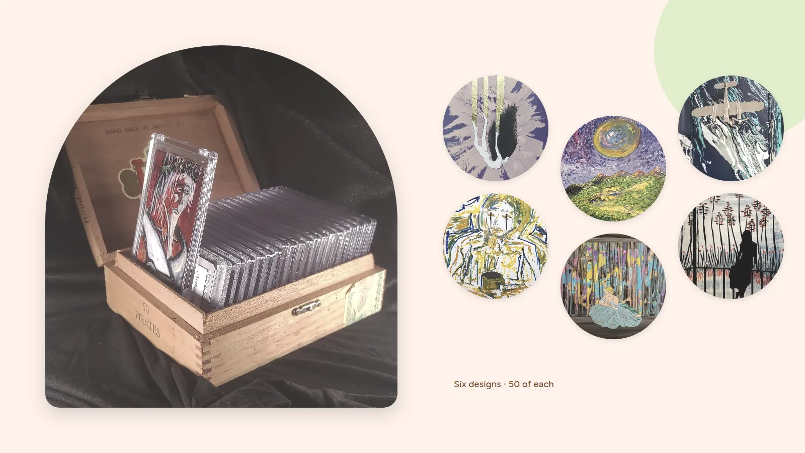 A cigar box of cased Minicuration cards beside the six inaugural designs shown in circles