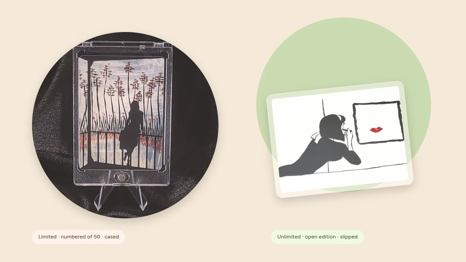 Sweet Dreams limited edition in its acrylic case beside Permission, an unlimited card in a plastic slip