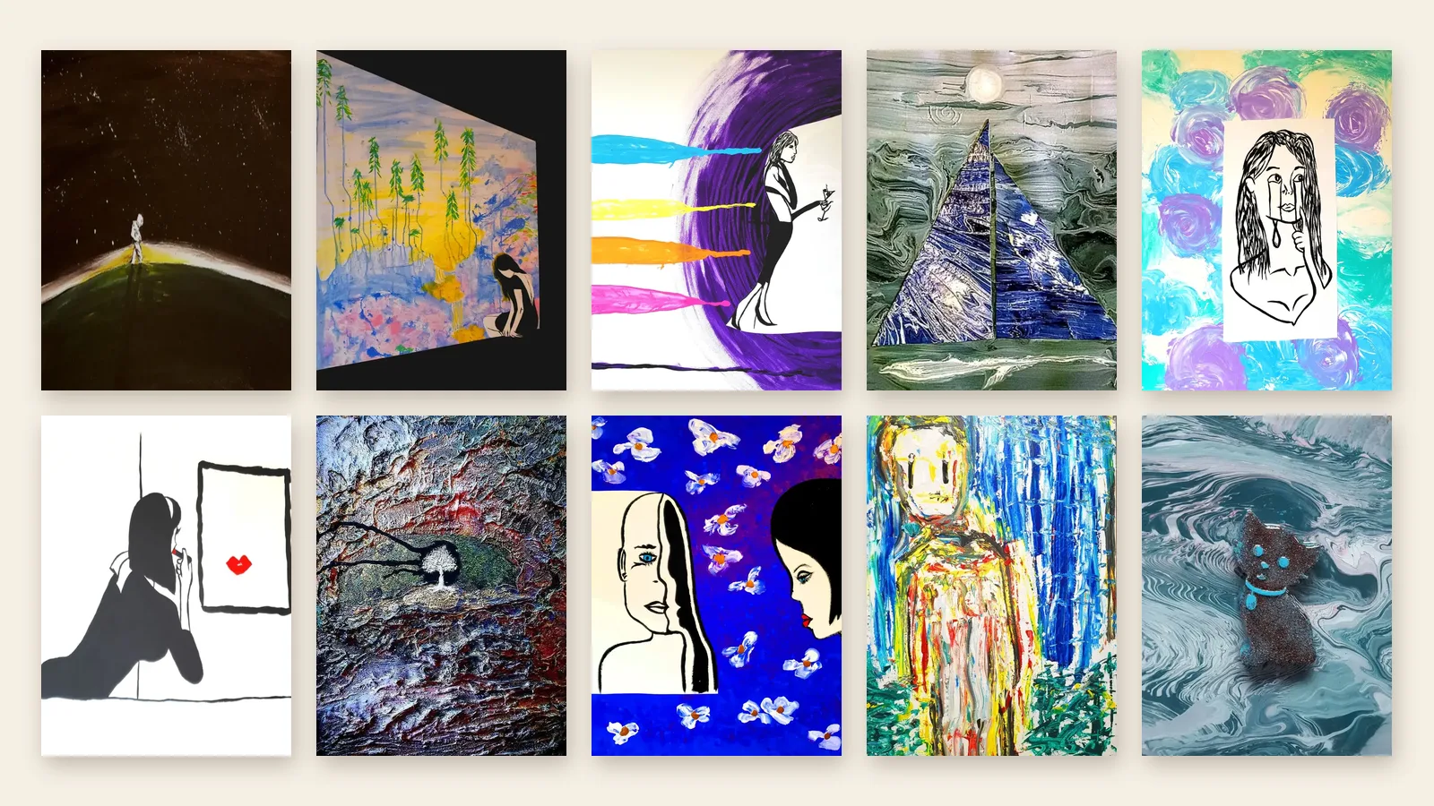Ten Minicuration cards by JFeelgood laid out in two rows of five, from Poetry of Solace to Tidewatcher